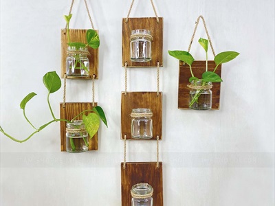Tấm gỗ lọ thủy tinh treo tường thủy canh nhiều tầng [2 màu - 3 Size] BINHLOHOA-06